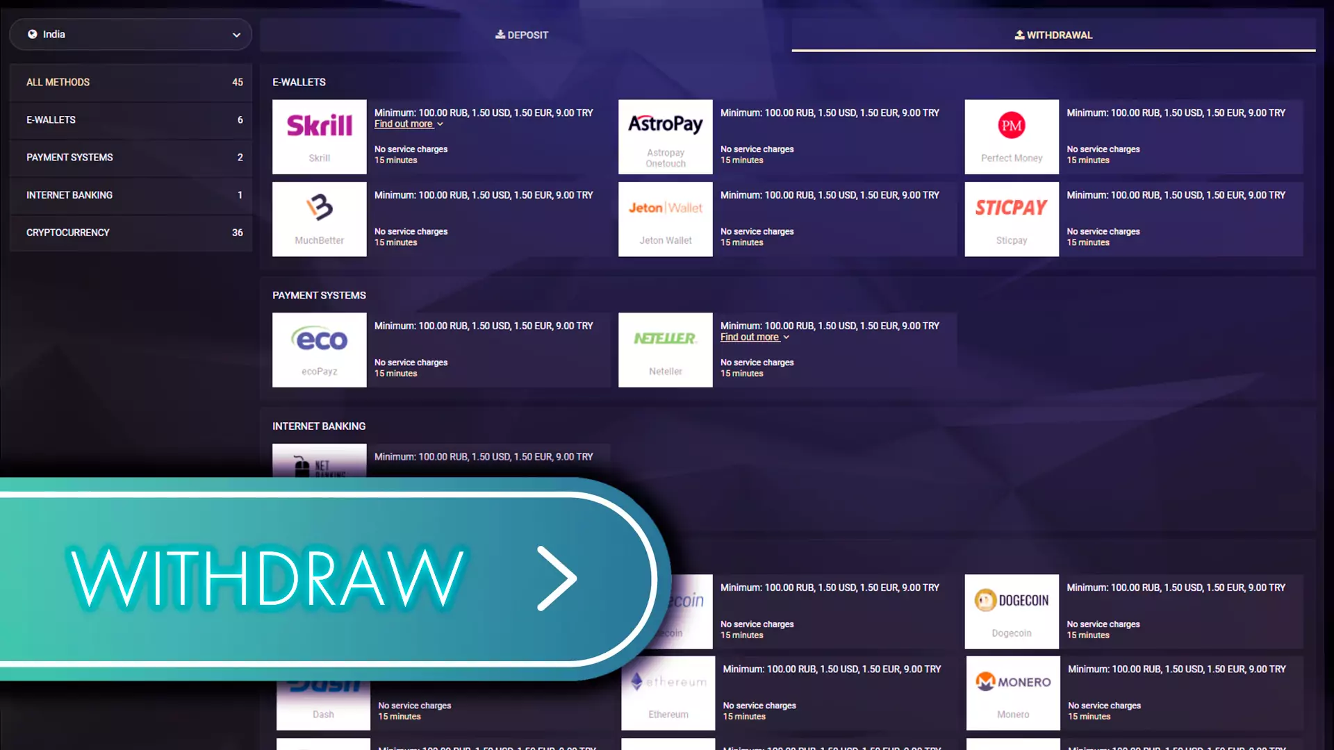 You can withdraw money to the most popular Indian payment systems and e-wallets.