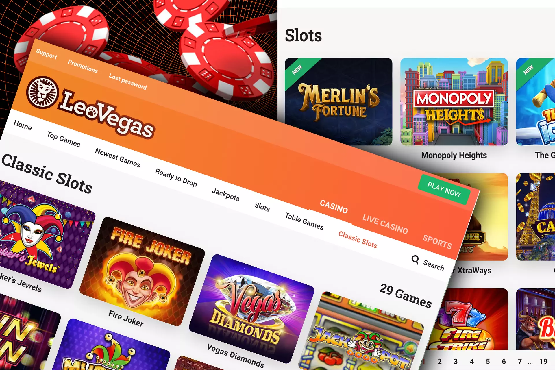 Casino fans play slots, table games and live casinos with dealers at the LeoVegas Casino.