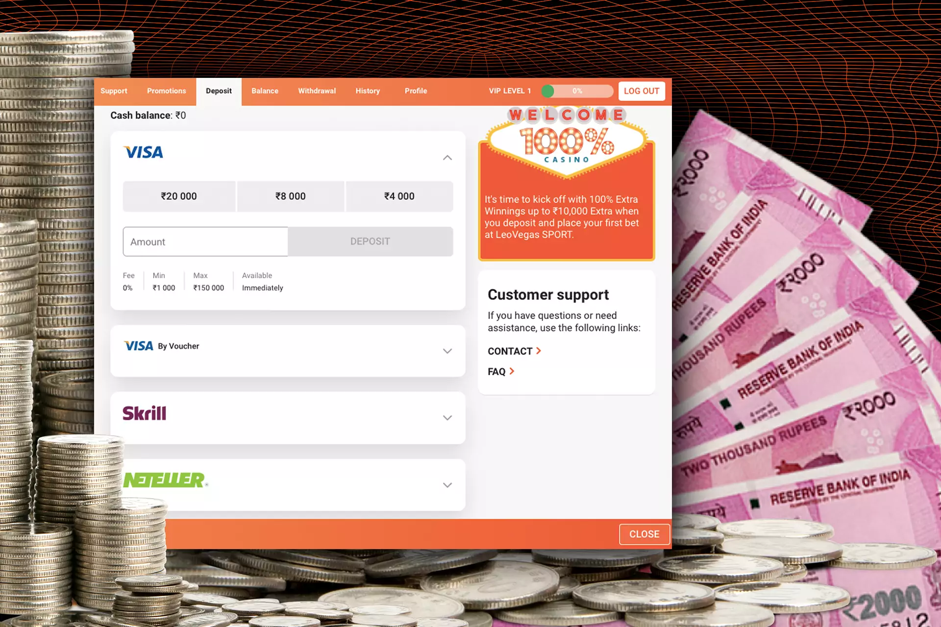 To top up your casino account, you need to make a deposit in the Cashier.