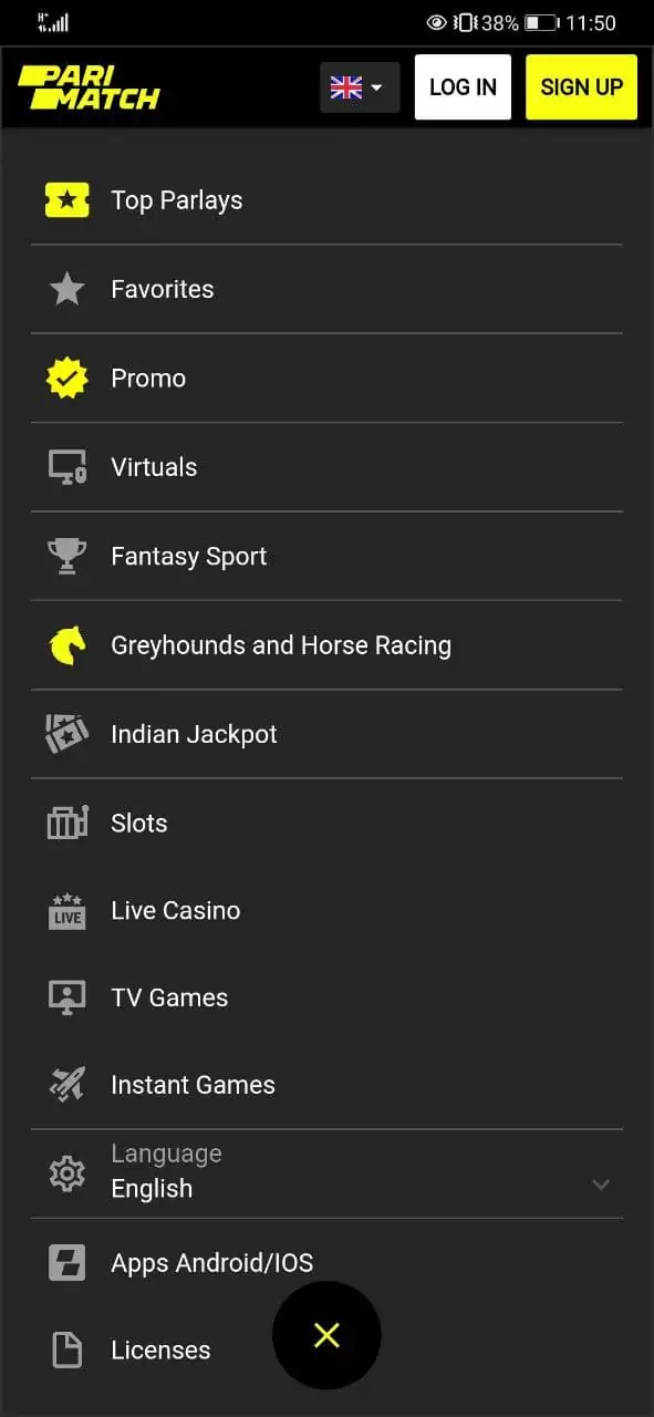 Main Menu in the Parimatch App.