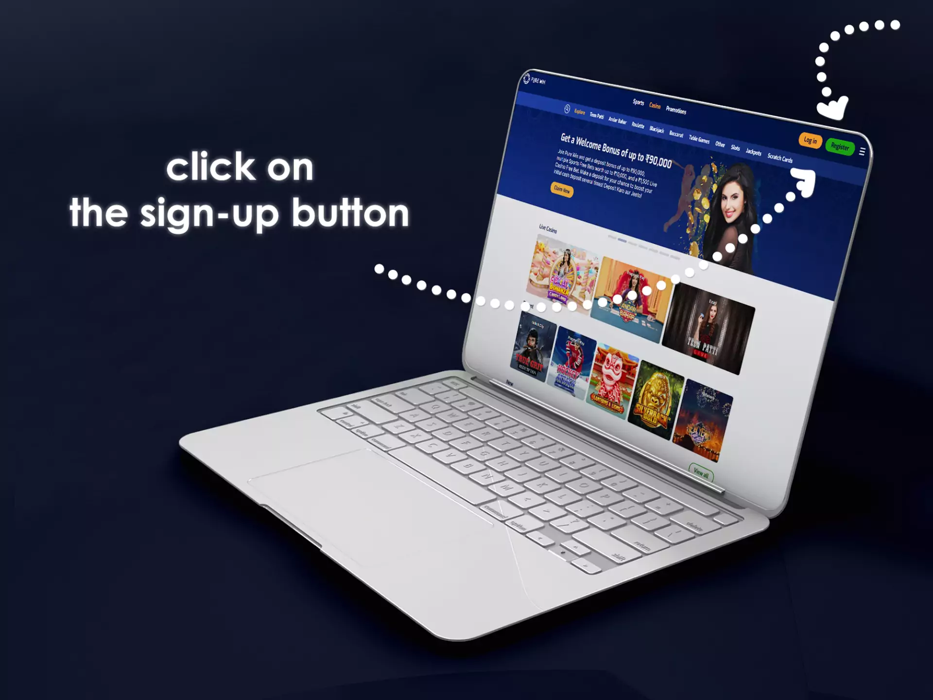 Find the green button of the registration at the very top of the page and click on it.