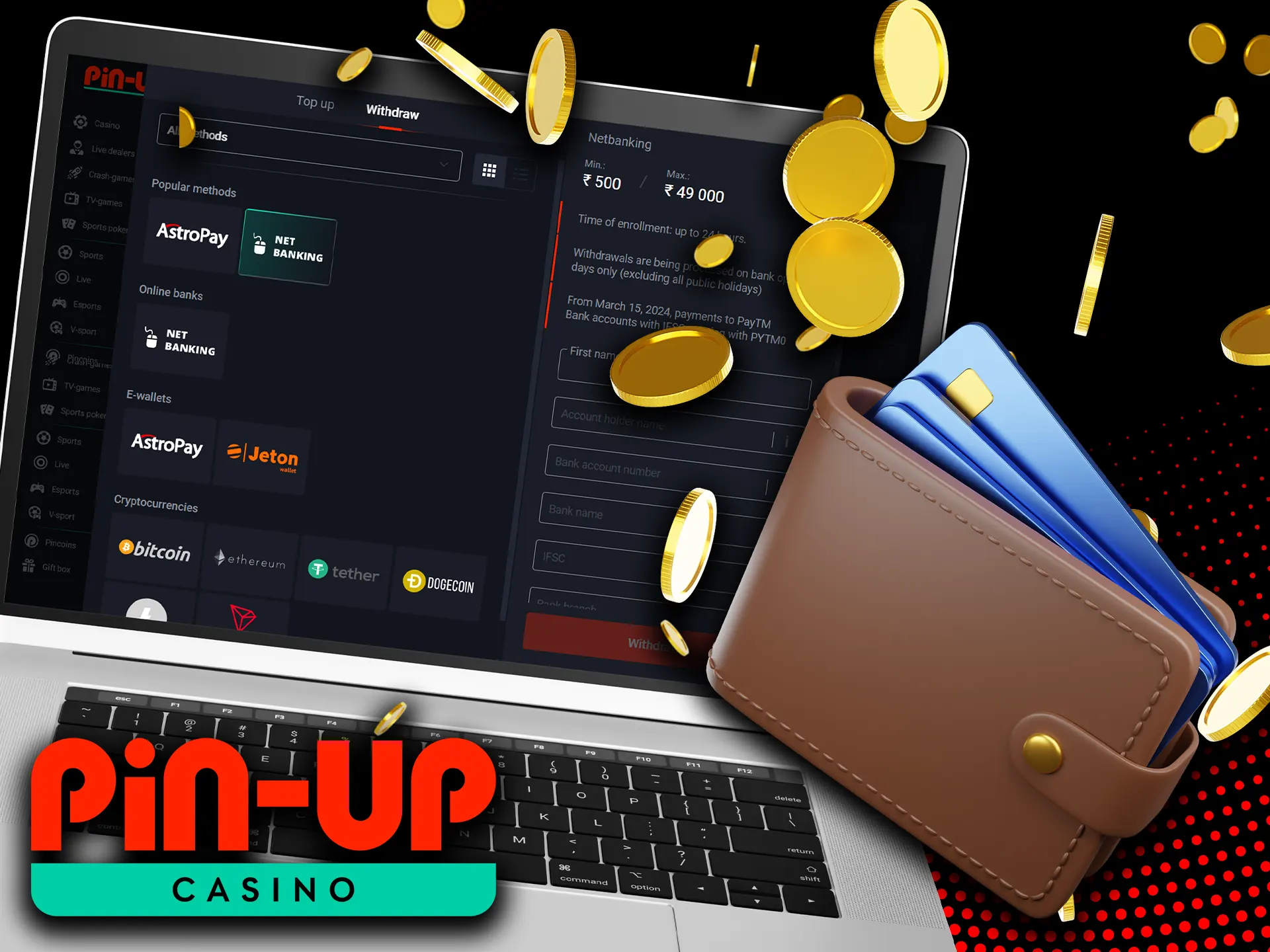 To withdraw funds from Pin-Up, you need to choose a payment system and fill in the data of your e-wallet or a bank card to transfer money.